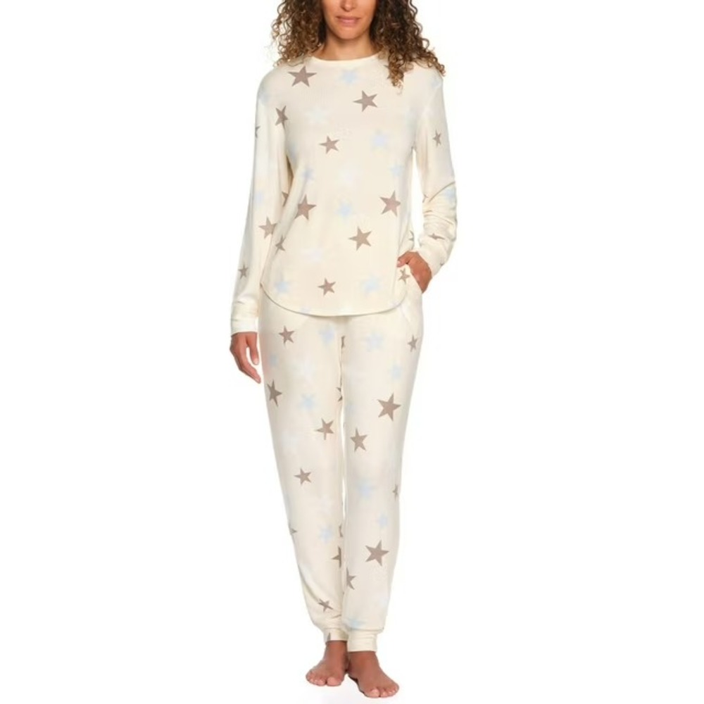 LOFT Women Pajama Set XXL Taupe Star Print Hacci Knit 2 Piece Jogger Set